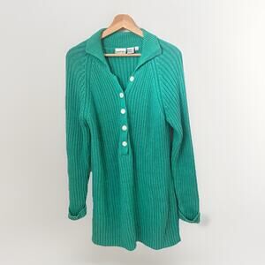 Newport News Long Collared Button Sweater Kelly Green Ramie Coastal Tunic Large
